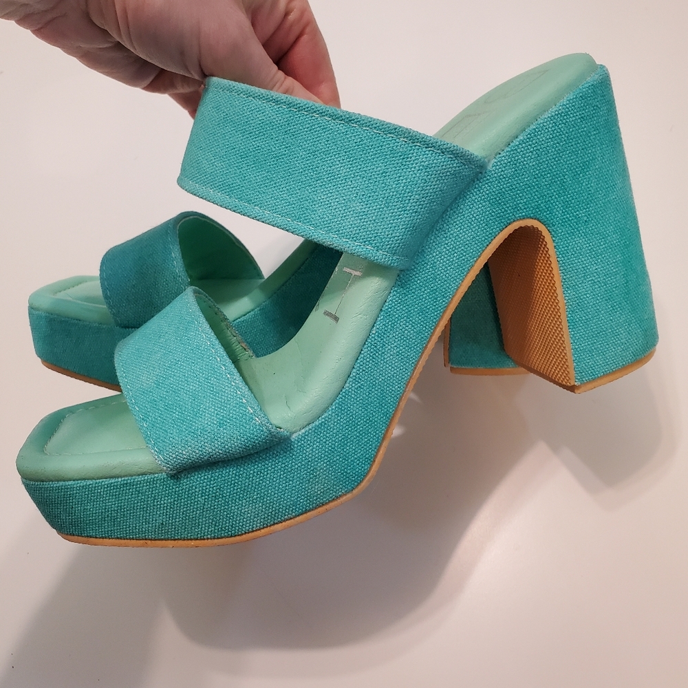 Beach By Matisse 7 Platform Heels Chunky Sandals Turquiose Canvas Square Shoes - Picture 5 of 12